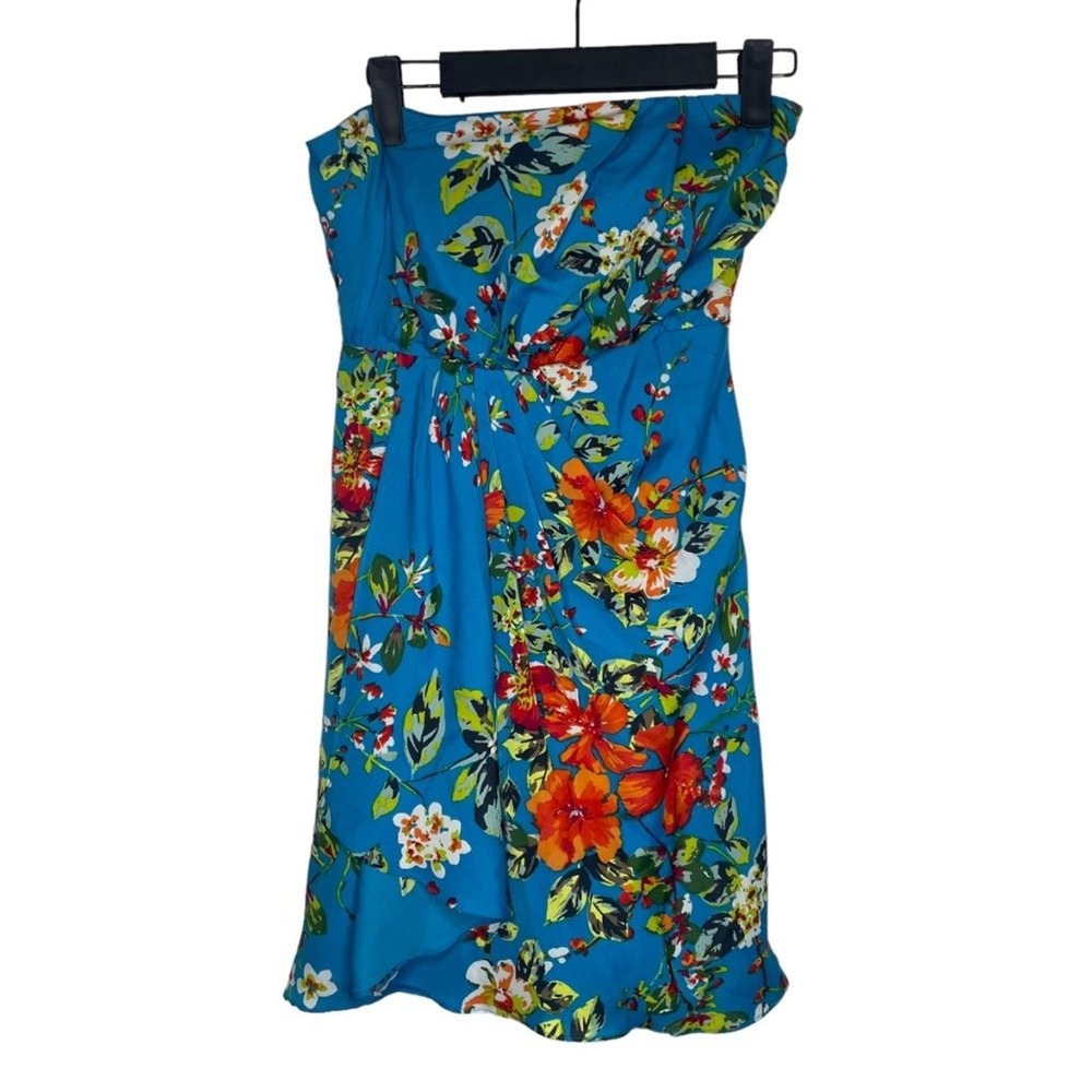 Express Blue Floral Strapless Mini Dress Faux Wrap Ruffle Summer Size 0